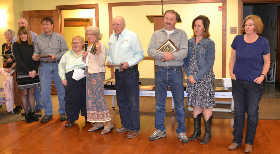 2016 Centennial Ranch award-Bootjack Ranch-Jim Noble family with Jonita Sommers presenting,courtesy Joy Ufford at Sublette Examiner-Pinedale Roundup