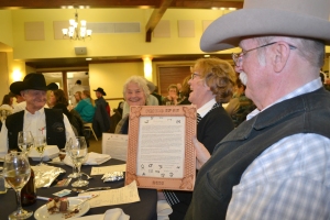 2016 Friend of Ag-Bondurant Communty Barbeque-Bill and Martha Saunders with Rusty and Gary Endocott at banquet, courtesy Joy Ufford at Sublette Examiner-Pinedale Roundup